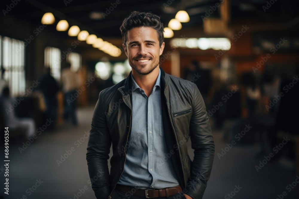Confident Businessman in Stylish Leather Jacket Smiling in a Modern Office Environment
