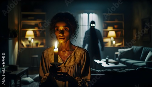 Femme dans son salon sombre suivi par une silhouette d'homme