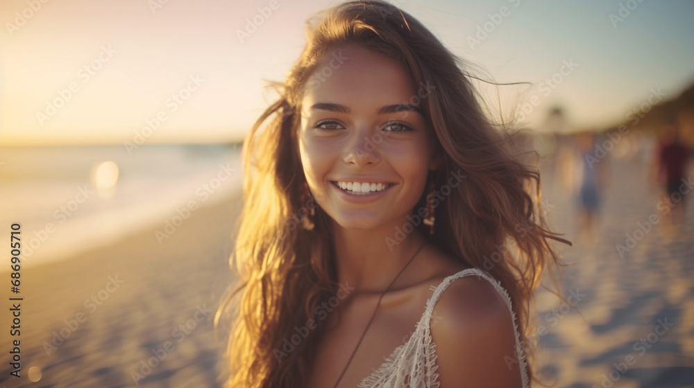 young adult woman in summer beach dress enjoying sunny beach day, conveying happiness and contentment with elegant attire on a beautiful day with a clear sky, fictional location