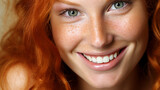 red-haired woman smiling indoors, showcasing beautiful teeth, exuding joy and positivity