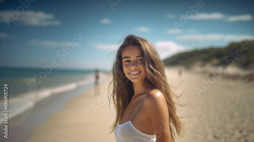 young adult woman in summer beach dress enjoying sunny beach day, conveying happiness and contentment with elegant attire on a beautiful day with a clear sky, fictional location