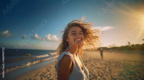 young adult woman in summer beach dress enjoying sunny beach day, conveying happiness and contentment with elegant attire on a beautiful day with a clear sky, fictional location © wetzkaz