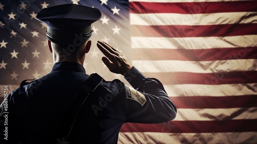 Uniformed Officer Saluting American Flag. Generative ai photo