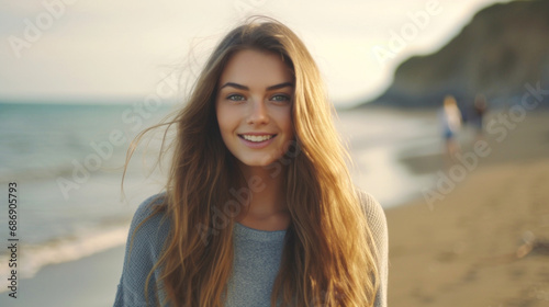 smiling woman with long, cu...