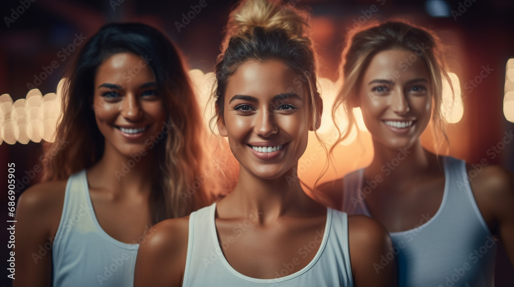 Fototapeta premium three women in brightly lit room, wearing sports bras, smiling, and engaging in group exercise or dance class. positive, energetic atmosphere with diverse participants.