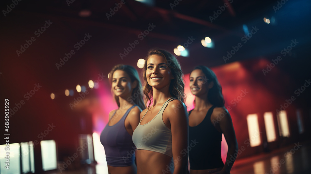 three women in dark room, wearing sports bras, posing with smiles after workout or performance three women in dark room, wearing sports bras, posing with smiles after workout or performance