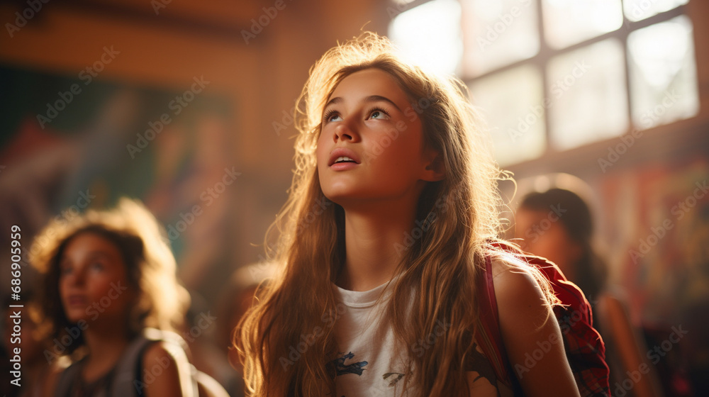 young girl with long, curly hair, white shirt, and red backpack stands in group, looking up with curiosity in a room with natural light. lively atmosphere, captivated by shared interest.