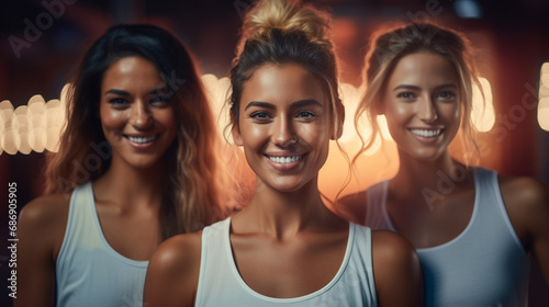 three women in brightly lit room, wearing sports bras, smiling, and engaging in group exercise or dance class. positive, energetic atmosphere with diverse participants.