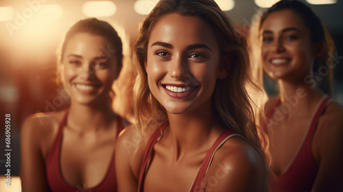 three women in brightly lit room, wearing sports bras, smiling, and engaging in group exercise or dance class. positive, energetic atmosphere with diverse participants.