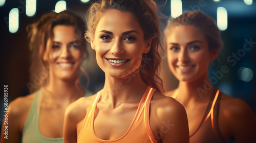 three women in brightly lit room, wearing sports bras, smiling, and engaging in group exercise or dance class. positive, energetic atmosphere with diverse participants.