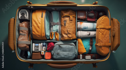 open suitcase filled with neatly arranged clothing, toiletries, and personal items, including backpacks. well-organized and ready for a journey.
