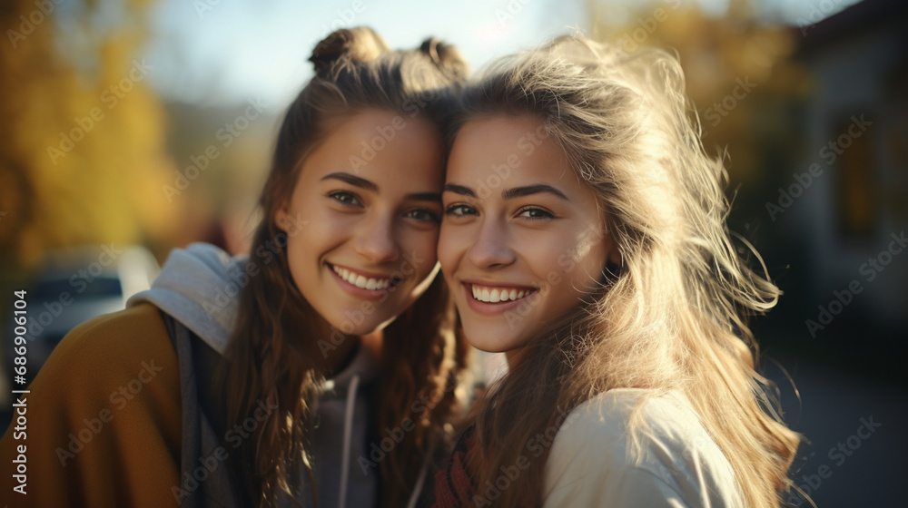 two young women standing together, smiling brightly, posing outdoors