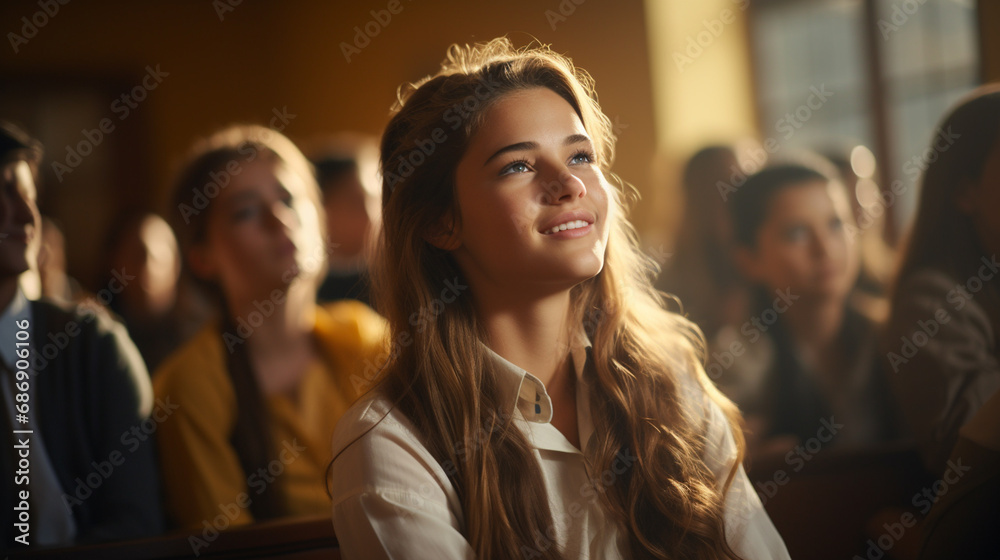 students in classroom, young woman in front row engaged and smiling students in classroom, young woman in front row engaged and smiling