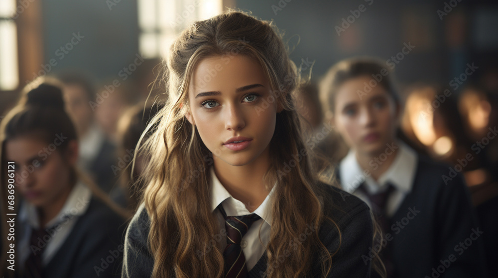 young students in classroom, wearing uniforms and ties, varied expressions, focused student leader, organized and engaged learning environment young students in classroom, wearing uniforms and ties, varied expressions, focused student leader, organized and engaged learning environment