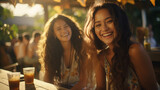 two women joyfully chatting at outdoor dining table, diverse scene, social gathering, warm and friendly atmosphere, positive energy, fictional location