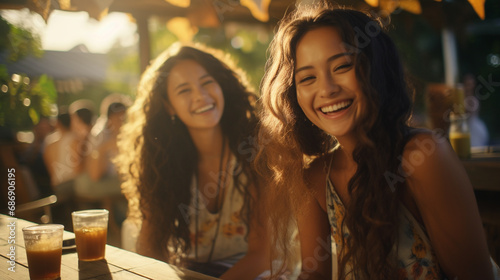 two women joyfully chatting at outdoor dining table  diverse scene  social gathering  warm and friendly atmosphere  positive energy  fictional location