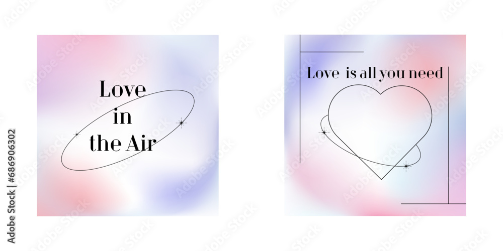 Valentine's Day. Posters in y2k style. Gradient. Love and heart. Valentine's Day. Vector stock illustration. Set of postcards. Design with shapes.