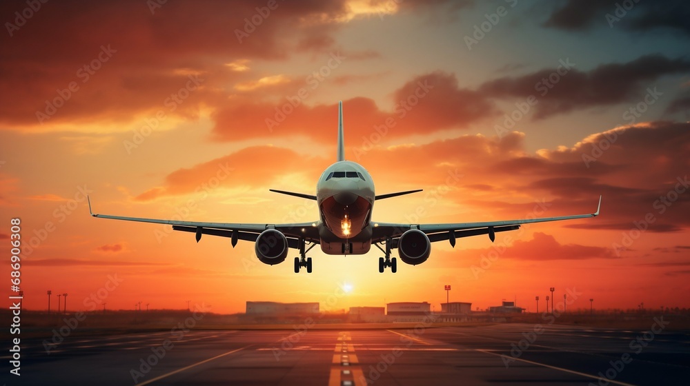 Commercial Airplane Landing at Sunset. Generative ai Commercial Airplane Landing at Sunset. Generative ai