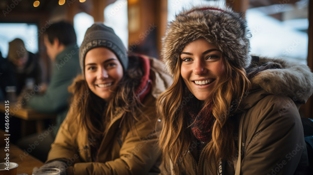 smiling women in winter clothing, furry hats, surrounded by others at a social gathering, cheerful atmosphere, sharing a joyful moment.