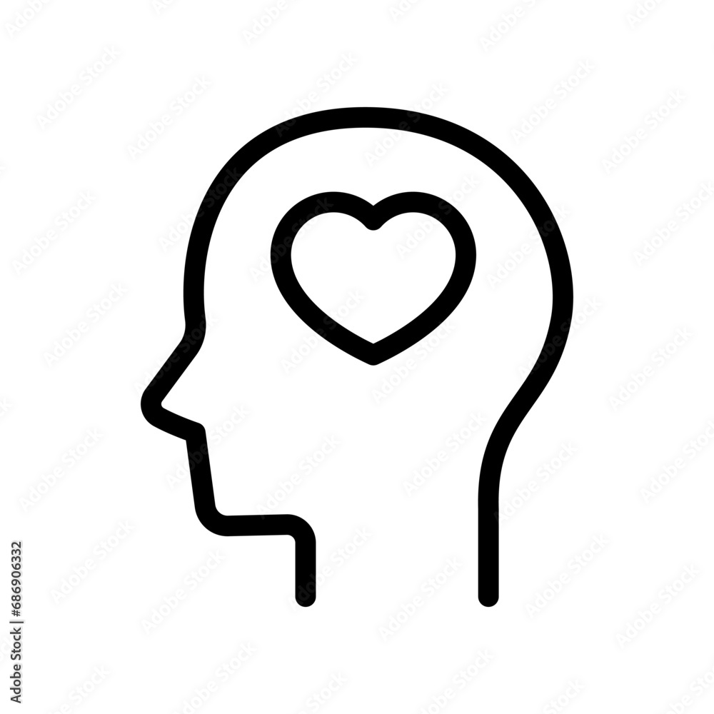 Head and heart line icon isolated on white background.