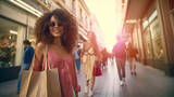 lively street scene, diverse people, young woman smiling, holding shopping bag, bustling atmosphere