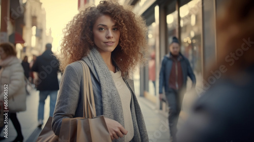 diverse people on busy city street, young woman with curly hair holds shopping bag, in good mood, adding vibrancy to urban environment.
