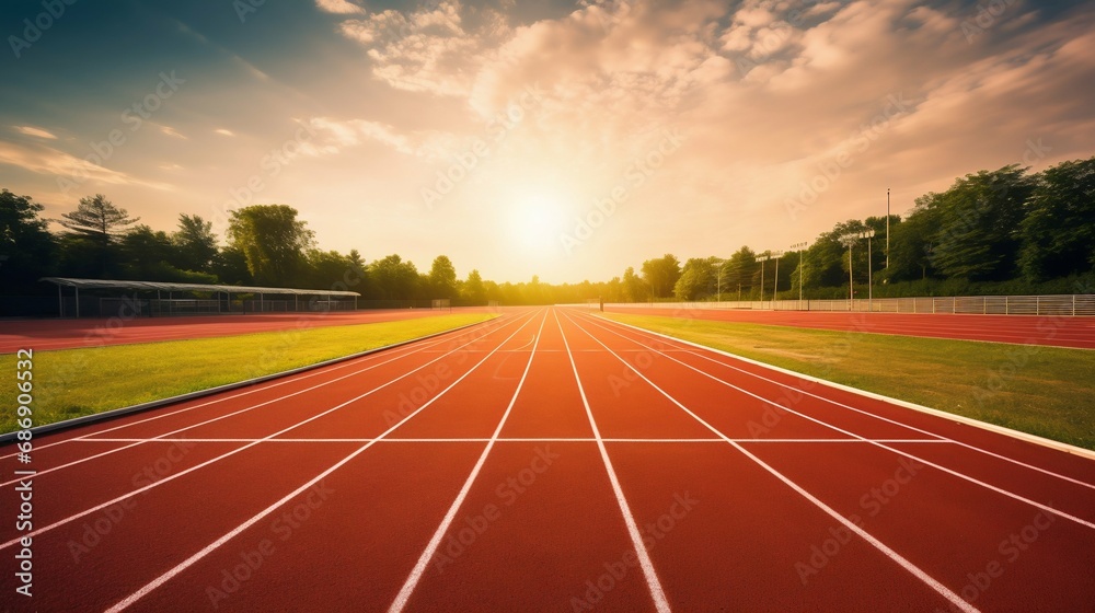 Sunlit Athletic Running Track in Stadium. Generative ai - obrazy, fototapety, plakaty 