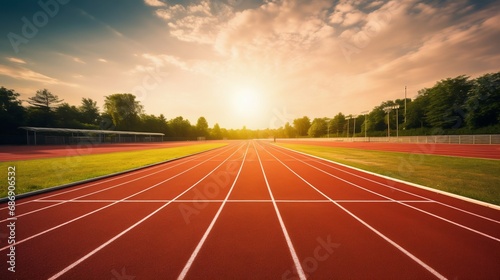 Sunlit Athletic Running Track in Stadium. Generative ai photo