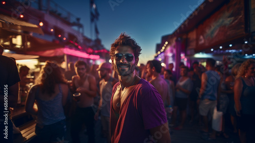 lively bar scene, young handsome attractive man close, smiling, laughing, enjoying, fictional location