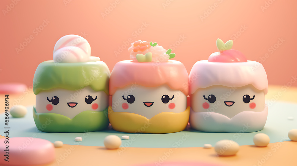 Fototapeta premium Adorable 3d clay kawaii sushi roll