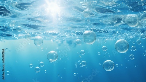 Underwater Serenity: Sunlight and Air Bubbles in Clear Blue Water. Generative ai
