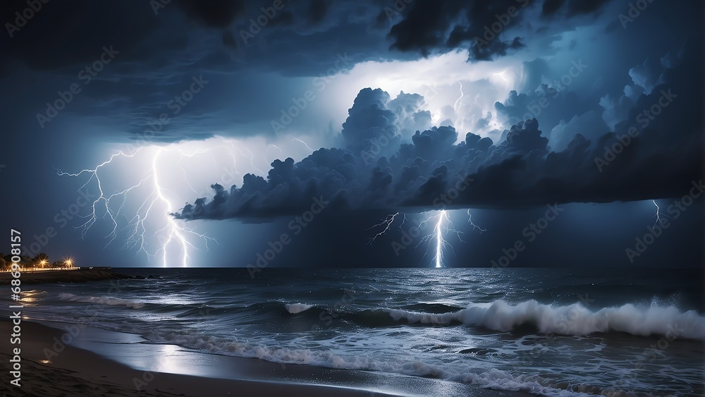 Thunderstorm at night over the sea from Generative AI