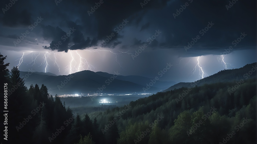 Thunderstorm at night over the forest mountain from Generative AI
