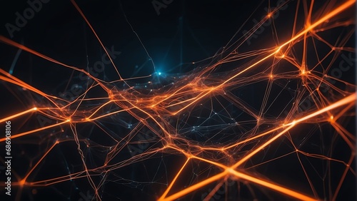 Neon orange lighting background with a neural network of lines and connections from Generative AI © sevenSkies
