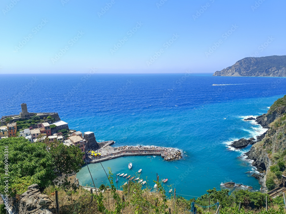 Cliff vegetation overlooking the bay and coast of Cinque Terre, Vernazza ITALY