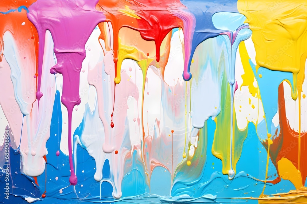 Colorful paint splashes dripping on white background, vibrant abstract art concept.