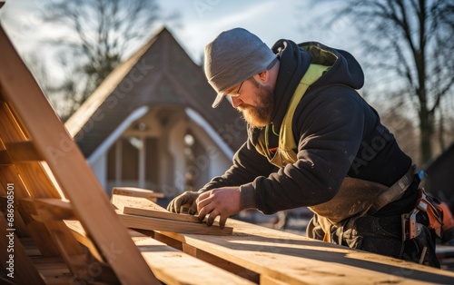 Carpenter roofer working on roof structure at construction site