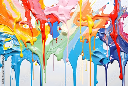 Colorful paint splashes dripping on white background, vibrant abstract art concept.