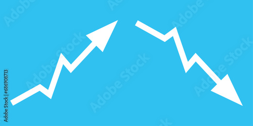 Graph going Up and Down with white arrows on blue.White chart bar vector illustration concept of sales bar chart symbol icon with arrow moving down and sales bar chart with arrow moving up.