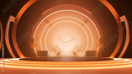 Abstract orange neon stage with circular glowing elements on a dark background, futuristic backdrop design.