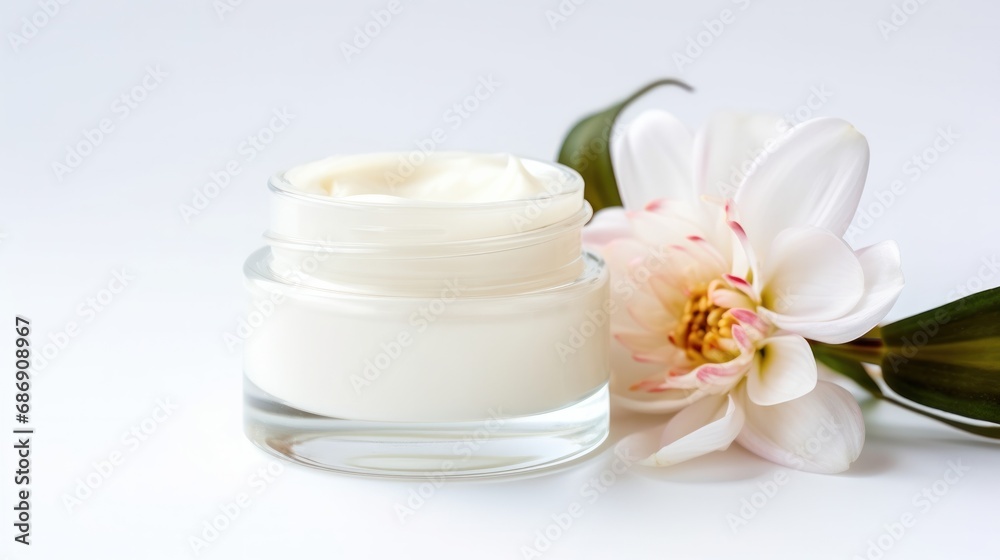 whitening and moisturizing Face cream in an open glass jar and flowers on white background. Set for spa, skin care and body products and solutions for skin problems such as scars, acne, wrinkles. whitening and moisturizing Face cream in an open glass jar and flowers on white background. Set for spa, skin care and body products and solutions for skin problems such as scars, acne, wrinkles.