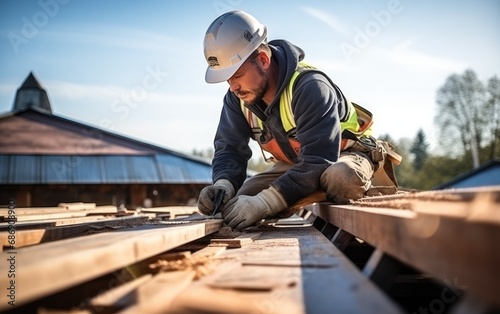 Carpenter roofer working on roof structure at construction site photo