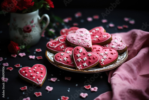 Plate of heart shaped gingerbread cookies decorated pink with icing,on dark background.Postcards o invitations for Valentine's, mother's day,weddings.Day.Design of thematic web pages,recipe sites