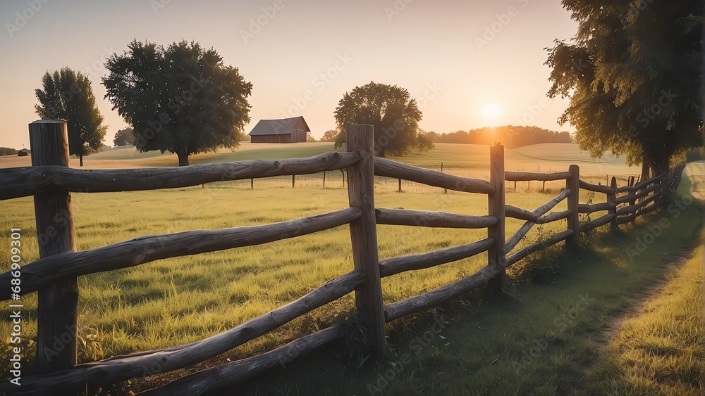 Wooden fence on the farm at sunset from Generative AI