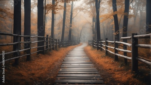Wooden fence on the dark autumn fall forest walkway from Generative AI