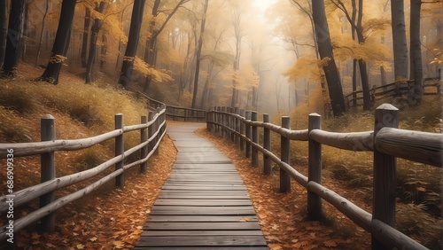 Wooden fence on the autumn fall forest walkway from Generative AI