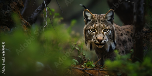 portrait of a tiger,Large Lynx Sitting On The Ground In The Woods Watching A Tree Background,Eurasian lynx in the rain forest wildlife scene from nature,Majestic Tiger Portrait: Wild, generative ai