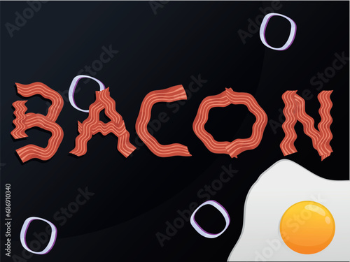bacon shaped letters with onions and egg. Dark backgrond photo