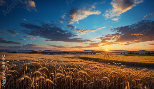 A field of wheat during sunset. Beautiful landscape at golden hour. Idyllic rural setting in summertime with clouds in the sky. © Delta Amphule