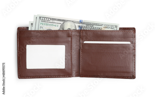 Stylish brown leather wallet with dollar banknotes on white background, top view